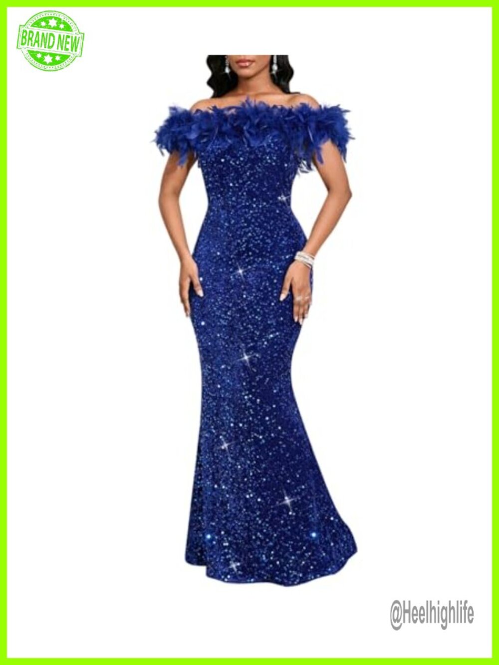 Sequin Off Shoulder Mermaid Bodycon Maxi Evening Gown Feather Prom Dress